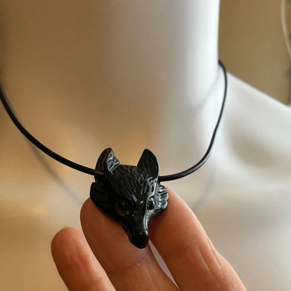 NEW Wolf Black Obsidian Gemstone hand carved Wolf Head Choker Genuine Leather - Picture 1 of 12